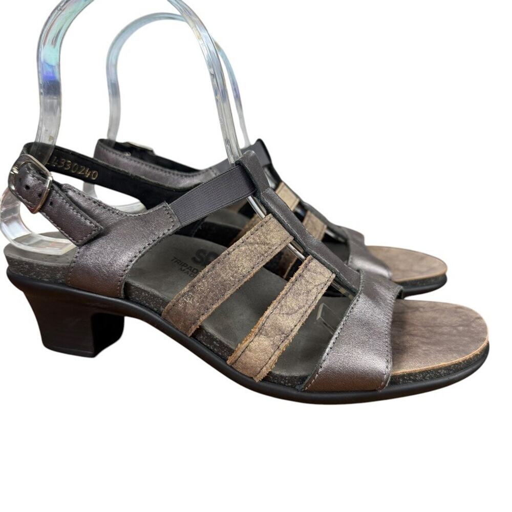 SAS Allegro Lusso Women Metallic Chunky Heel Sandals Strappy Leather Shoes 7.5 N